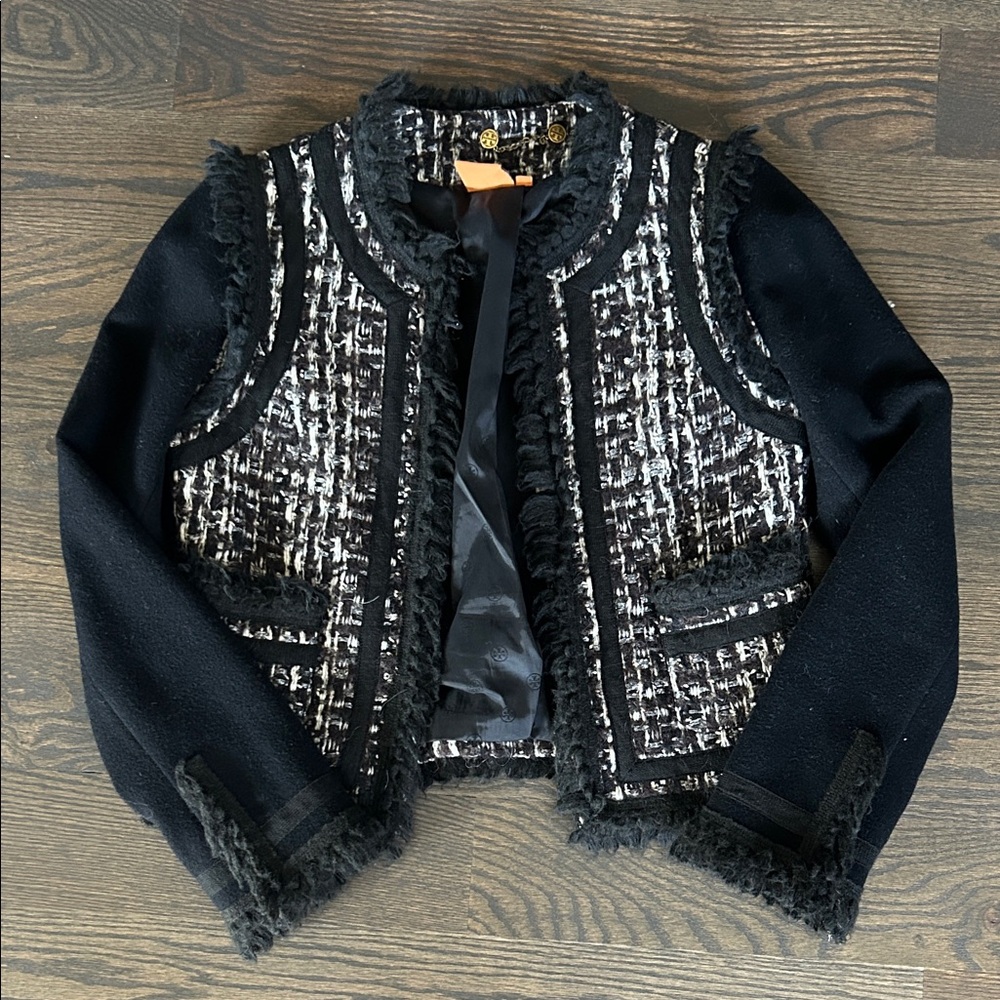 Tory Burch Black Tweed & Knit Cropped Blazer